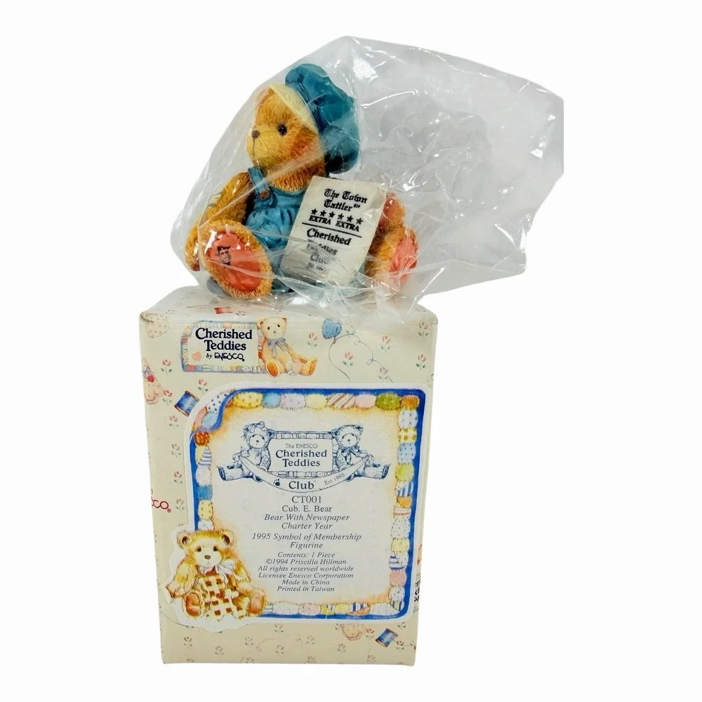 1995 Cherished Teddies‎ Cub E Bear with Newspaper Membership Figurine CT001
